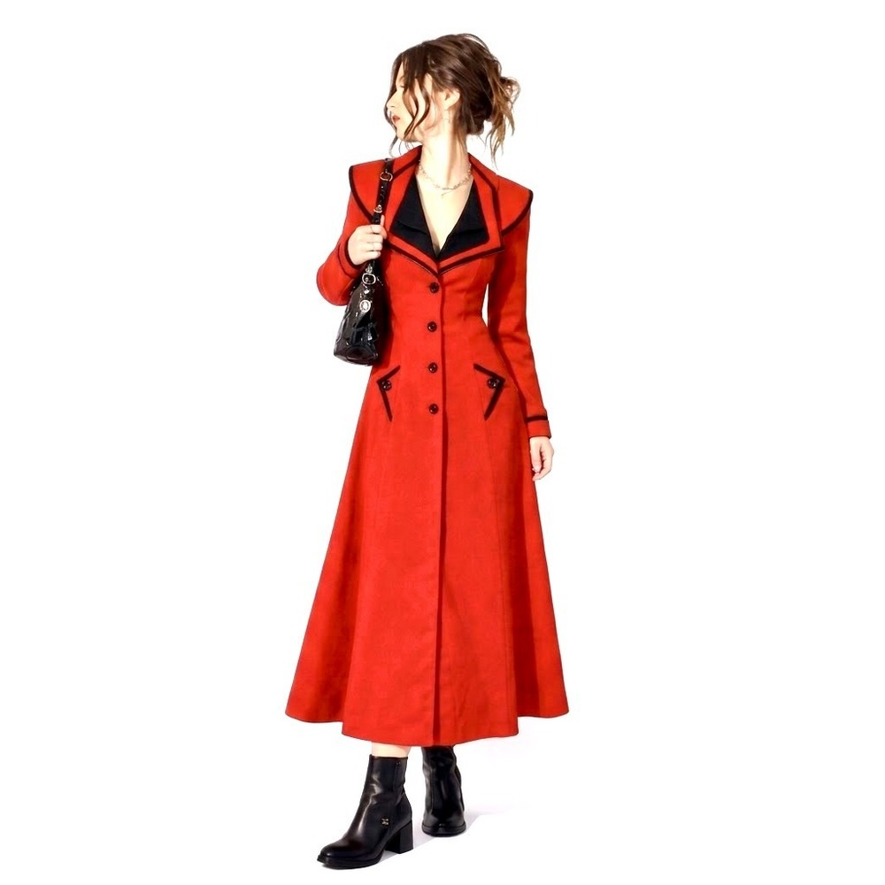 1940s Repro Red Maxi Coat Black‎ Trim Tailored Old Hollywood Small